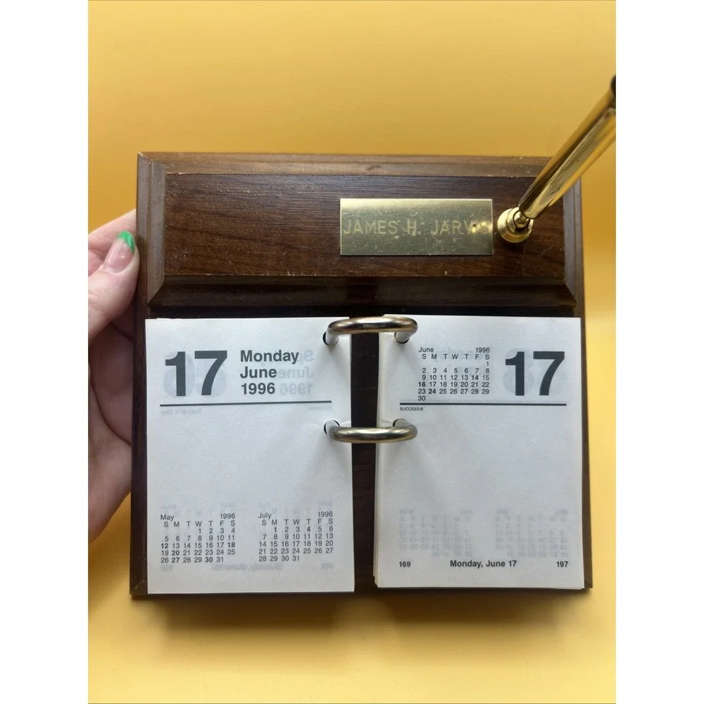 Vintage Perpetual Flip Calendar With Wood Base And Ink Pen